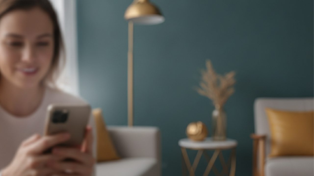 Mulher segurando o celular à noite na sala de casa, iluminada pela tela, após receber resposta da clínica