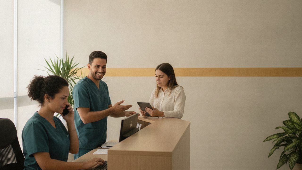 Equipe de recepção de clínica atendendo paciente no balcão enquanto o telefone toca