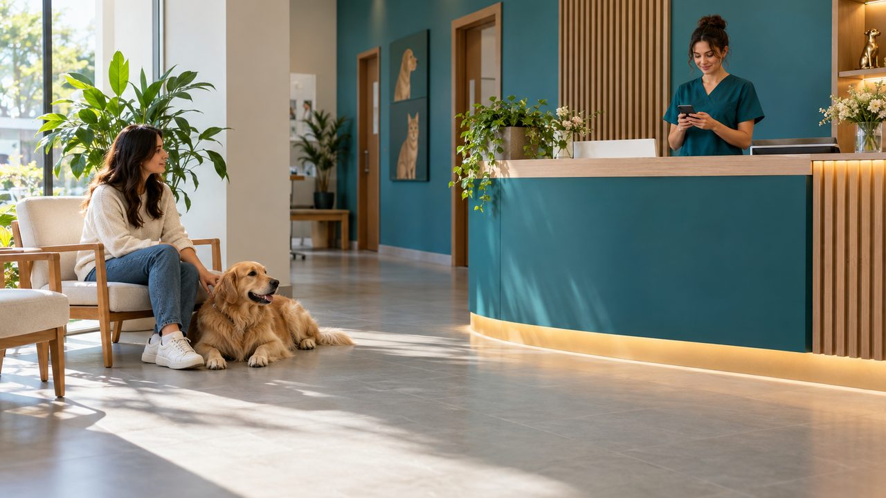 Recepção de clínica veterinária com atendente segurando o celular e um cachorro deitado ao lado do tutor na sala de espera