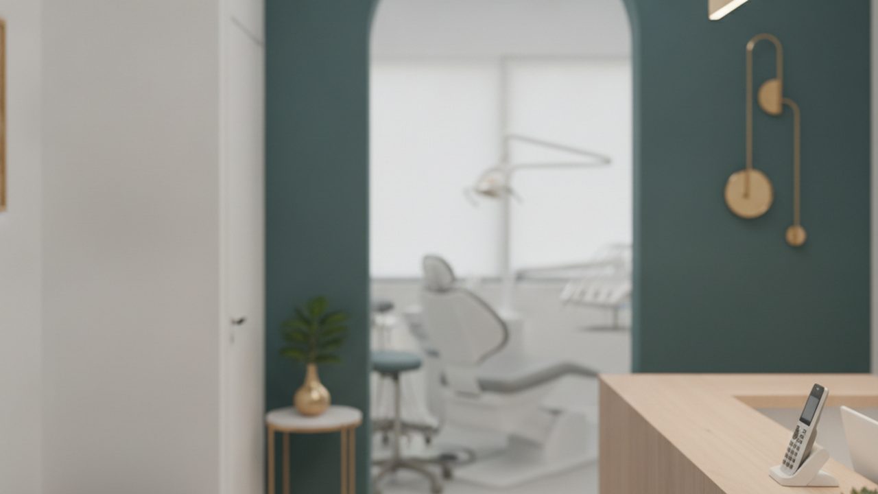 Recepção de clínica odontológica moderna e clara, com a sala de atendimento ao fundo