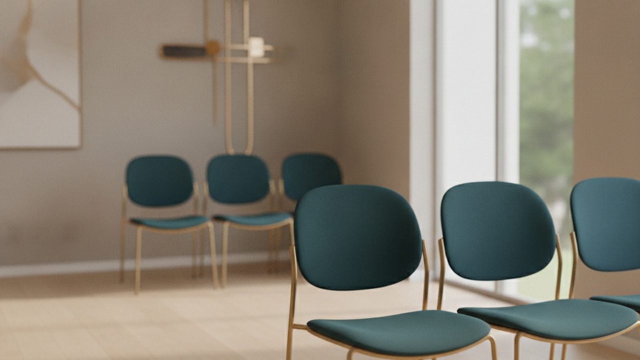 Cadeiras vazias na sala de espera de uma clínica em pleno horário de atendimento