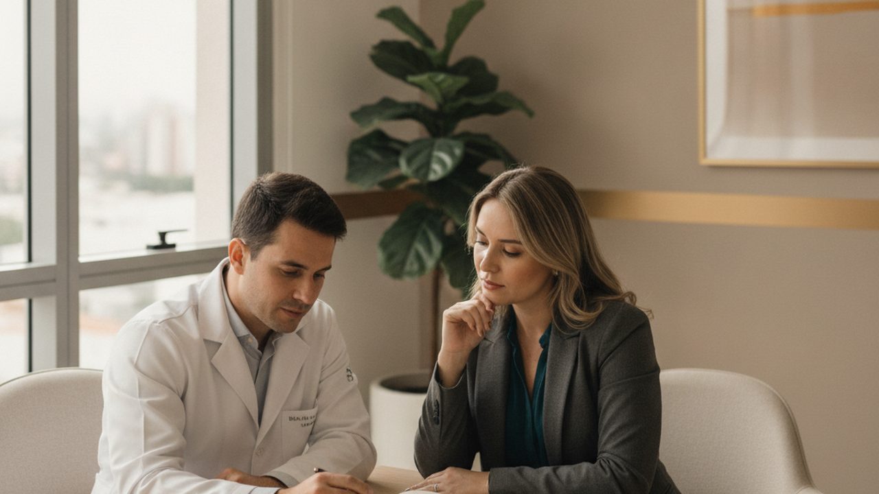 Médico e gestora de clínica conversando sobre a mesa, comparando opções em um caderno