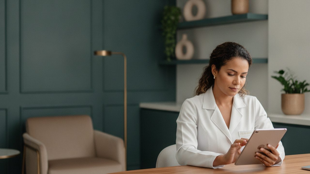 Médica de jaleco branco em consultório, olhando um tablet, ambiente calmo