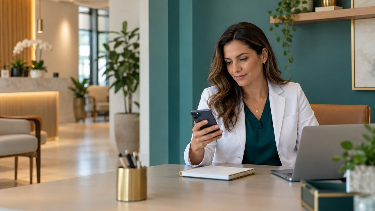 Gestora de clínica sentada à mesa de um escritório claro ao lado da recepção, olhando o celular na mão enquanto o notebook aberto fica de lado