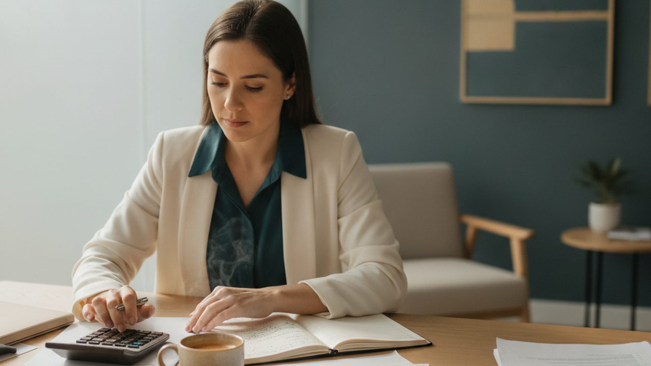 Gestora de clínica fazendo contas na mesa com calculadora, caderno e café, luz da manhã