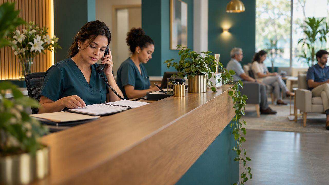 Balcão de recepção de clínica com duas atendentes ocupadas, pacientes aguardando e o telefone fora do gancho
