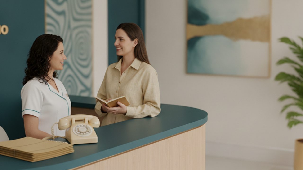 Recepção de clínica com uma atendente conversando com uma paciente enquanto o telefone toca na mesa