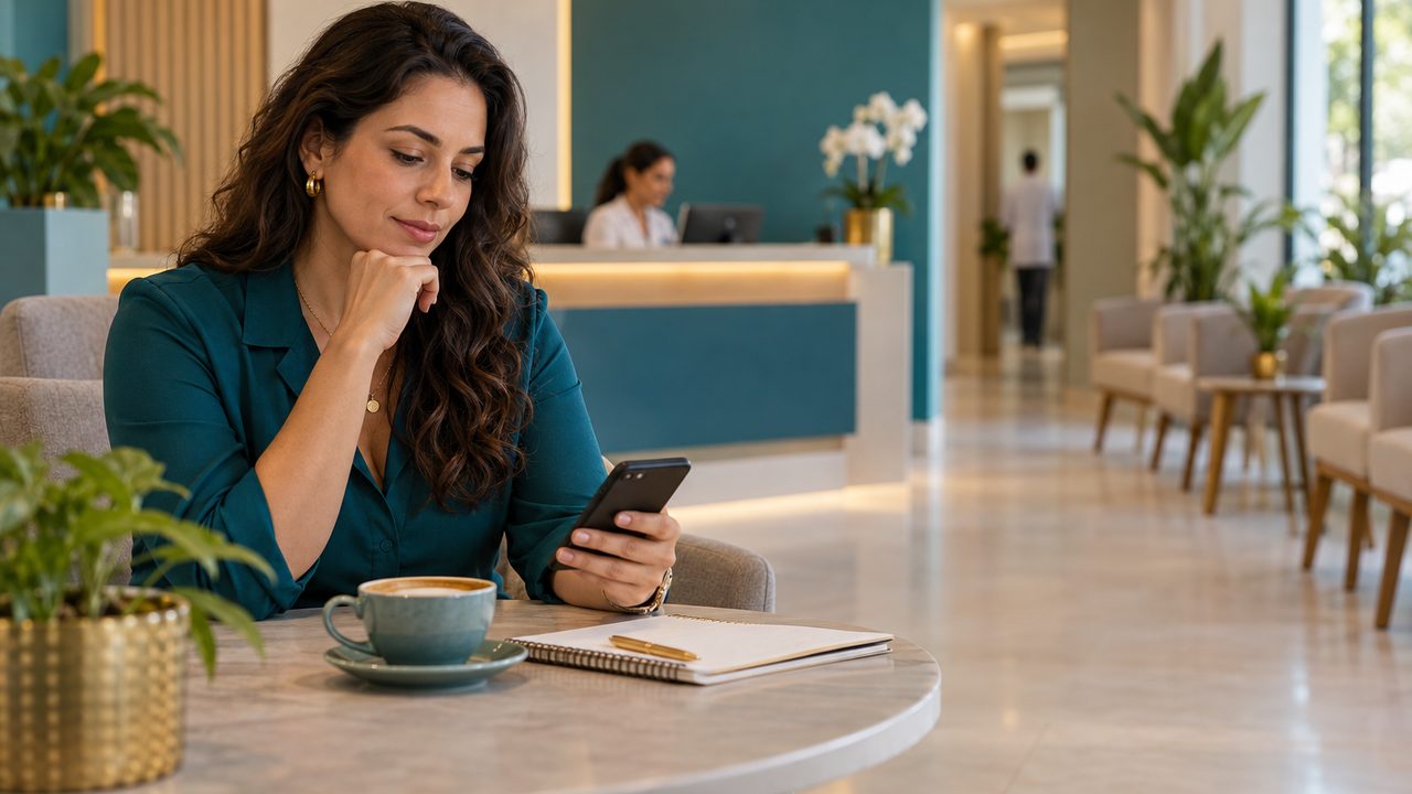 Gestora de clínica sentada em uma mesa clara da recepção, segurando o celular e pensando antes de responder uma mensagem